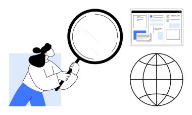 Elinde büyüteç tutan kadın, bir web sitesi düzenini bir kürenin yanında inceliyor. Arama, araştırma, küresel ulaşım, ağ oluşturma, çevrimiçi öğrenme, iş analizi, basit düz metafor