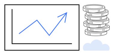İlerlemeyi gösteren mavi eğilim grafiği, zenginlik için para yığını, dijital yeniliği sembolize eden bulut. İş, finans, ekonomi, yatırım, analitik büyüme teknolojisi için idealdir. Basit.