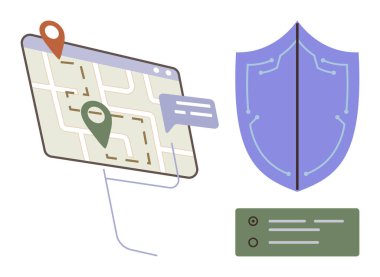 Digital map with pins and chat bubbles paired with a shield and text interface, highlighting navigation, cybersecurity, and data exchange. Ideal for technology, privacy, protection, navigation