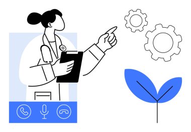 Kadın doktor elinde bir pano tutuyor ve dişlilere ve filizlenen bir bitkiye işaret ediyor, yeniliği, teknolojiyi, büyümeyi ve sürdürülebilirliği simgeliyor. Sağlık, teletıp, yeşil yenilik için ideal