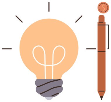 Madeni para ile kaplı bir kalemin yanında parlayan ampul fikirleri, yaratıcılığı, yeniliği, finans, üretkenliği, girişimciliği ve eğitimi sembolize ediyor. Basit bir iniş için ideal.