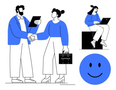 Profesyoneller el sıkışıyor, dizüstü bilgisayarda çalışan bir kadın ve takım çalışmasını, başarıyı ve olumlu sonuçları temsil eden mutlu bir yüz. İş için ideal, ortaklık, iletişim, motivasyon uzaktan kumandası