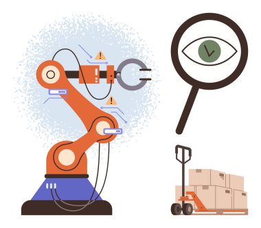 Güvenlik uyarılarıyla hareket eden robotik kol, kutu taşıyan palet kamyonu, veri görselleştirmesi yapan büyüteç. Otomasyon, imalat, robot bilimi, güvenlik, lojistik, kalite için ideal