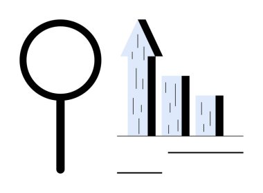 Yukarı doğru ok ile bir çubuk tablosunun yanında büyüteç büyütme büyümeyi, analizi ve gelişmeyi ön plana çıkarır. İş, strateji, araştırma, finans, istatistik, veri sade iniş sayfası için ideal