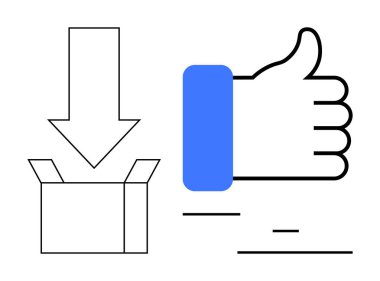 Aşağıya doğru inen ok, mavi aksanlı baş parmak hareketi ile birlikte açık bir kutuya indirme sinyali veriyor. Teslimat için ideal, kabul, onay, uygulama arayüzü, e-ticaret, onay, basit iniş sayfası