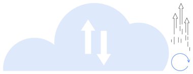 Dikey okları, yukarı doğru okları ve veri transferini, bulut deposunu, büyümeyi, bağlantıyı, işbirliği ve sürdürülebilirliği sembolize eden dairesel okları olan bulut. Teknoloji ağ verileri için ideal