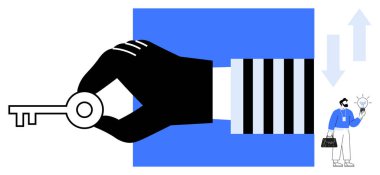 Ampul ve evrak çantası tutan adam figürleriyle yakın plan el ele tutuşmalar. Liderlik için ideal, yenilik, başarı, fırsatlar, problem çözme, büyüme stratejisi, basit düz metafor