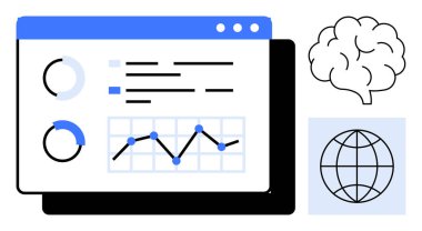 Çizelgeler, grafikler ve beyin içeren analitik paneller veri güdümlü içgörüleri, zekayı ve küresel bağlantıları sembolize ediyor. Teknoloji, ticaret, eğitim, AI araştırma pazarlama ve strateji için ideal