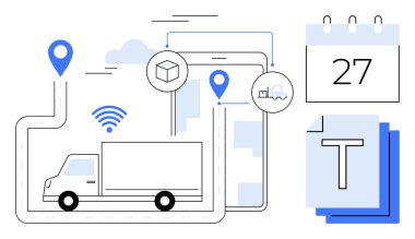 Kargo kamyonu haritalı bir rotada, GPS pimleri, takvim, kablosuz bağlantı, tablet görüş. Lojistik, sevkiyat takibi, tedarik zinciri, e-ticaret filo yönetimi için ideal.