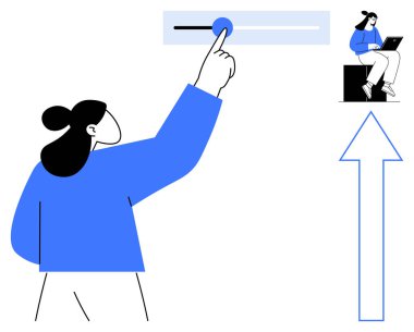 Kadın sürgülü ile gelişim, gelişme ya da gelişim kavramı olarak etkileşim içinde. Yukarı doğru büyük bir ok ve dizüstü bilgisayar kullanarak oturan bir birey. Üretkenlik, kariyer, başarı, odaklanma, kalkınma için ideal