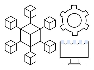 Blockchain yapısı, işlem otomasyonu için ekipman, dijital arayüz için monitör. Teknoloji, yenilik, engelleme zinciri, otomasyon, ağ, veri sistemleri için ideal basit iniş sayfası