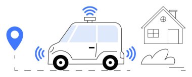 GPS işaretli otomatik araba, sinyal dalgaları ve yakınlardaki bir ev. Akıllı teknoloji, GPS, yapay zeka, ulaşım yeniliği, bağlantı, otomasyon hareketliliği için ideal basit iniş sayfası