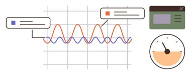İki veri hattı, konuşma baloncukları, gösterge ölçer ve gösterge paneli olan grafikler. Analiz, teknoloji, raporlar, izleme, istatistik sunumları için ideal veri bilimi ve basit düz bir metafor