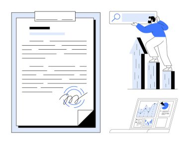 İmzalı belge, büyüme çizelgelerine tırmanan kişi ve veri analiz grafikleri olan dizüstü bilgisayar. İş stratejisi, analitik, ilerleme izleme, liderlik, hedef belirleme, dijital süreçler için ideal