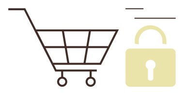 Alışveriş arabasının ana hatları asma kilidin yanında e-ticarette güvenliği ve korunmayı vurguluyor. E-ticaret, çevrimiçi güvenlik, veri koruması, ödeme güvenliği, dijital alışveriş, siber güvenlik için ideal
