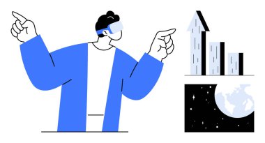 VR kulaklık takan kişi yukarı doğru grafiğe ve uzayda Dünya 'ya bakıyor. VR, teknoloji, yenilik, veri analizi, iş büyümesi, fütüristik temalar, basit iniş sayfası için ideal