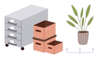 Metal filing cabinet with drawers, stacked cardboard boxes, and a green potted plant. Ideal for workspace organization, office setup, storage, tidiness, minimalism, functionality and workflow