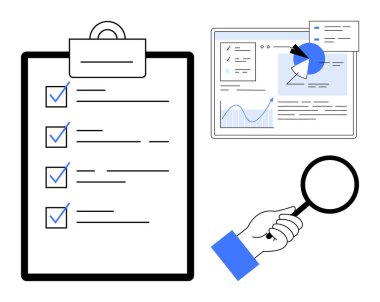 Tamamlanmış ögeleri olan görev listesi, grafikleri ve pasta grafiği olan veri kontrol paneli ve elinde bir büyüteç. Proje yönetimi, veri incelemesi, verimlilik izleme ve iş akışı için ideal