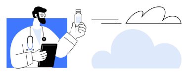 Steteskoplu doktor şırıngayı ve ilaç şişesini inceliyor, elinde tablet var. Sağlık, aşı, bulut teknolojisi, teletıp, yenilik, uzaktan çalışma, basit düz metafor