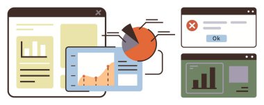 Veri tabloları, pasta grafikleri ve pencereler trendleri, çubuk grafikleri ve uyarıları gösteriyor. Analiz, istatistik, veri görselleştirme, iş analizi verimlilik raporlama paneli için ideal