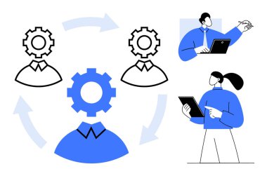 Ekip üyelerini iş akışında birbirine bağlayan vitesler, tabletler ve dizüstü bilgisayarlarla çalışan bireyler. İşbirliği, takım çalışması, süreç optimizasyonu, yönetim, üretkenlik, otomasyon, basit iniş için ideal