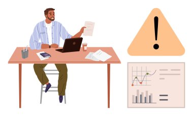 Masadaki adam bilgisayarla kağıtları inceliyor. Analitik çizelge ve uyarı üçgeni dikkat gösteriyor. İş analizi, proje planlaması, risk yönetimi, takım çalışması, karar verme süreci için ideal