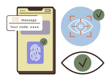 Parmak izi tarayıcılı akıllı telefon ve tek seferlik kod, göz taraması, doğrulama sembolleri bildirim. Güvenlik, gizlilik, biyometri, teknoloji, kimlik doğrulama, veri koruma için ideal