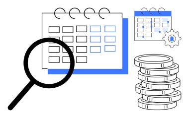 Büyüteç aylık takvime odaklanır. Yığınla bozuk para, küçük takvim, teçhizat, alarm. Finans, zaman yönetimi, bütçe düzenlemesi, proje planlaması, kaynak tahsisi zamanlaması için ideal