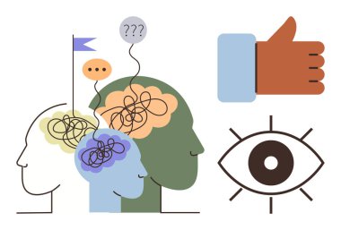 Karışık çizgileri olan insan kafaları, konuşma baloncukları, soru işareti, hedef bayrağı, baş parmaklar yukarı ve göz. Sorun çözme, takım çalışması, psikoloji, karar verme odaklama, başarı odaklı içgörü için ideal