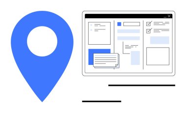Formlar ve metin kutularıyla birlikte bir web arayüzünün yanında mavi harita işaretleyici. Navigasyon, konum belirleme, dijital araçlar, çevrimiçi formlar, konum hizmetleri, UX tasarımı, basit düz metafor