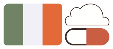 Irish flag rectangle alongside cloud outline and pill icon emphasizing national pride, digital innovation, healthcare, sustainability, teamwork, medicine, and growth. Minimalist and simple flat