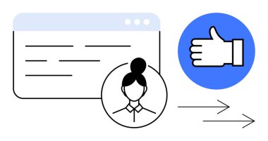 Tarayıcı penceresi yanında kullanıcı profili simgesi, mavi başparmak yukarı simgesi ve eylemleri gösteren oklar. Takım çalışması, çevrimiçi onay, geri bildirim, kullanıcı etkileşimi, süreç akışı, karar verme işlemi için ideal