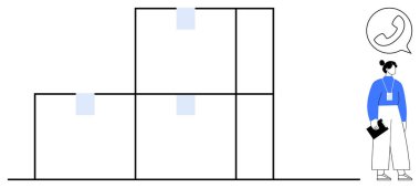 Üniformalı bir işçi yığılmış kutuların yanında pano tutuyor, çağrı baloncuğu aracılığıyla iletişim kuruyor. Lojistik, organizasyon, tedarik zinciri, envanter yönetimi, iletişim, işlemler, takım çalışması için ideal