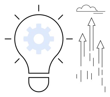 Bir ampulün içindeki oklar gökyüzüne yükseliyor, teknolojiyi, büyümeyi, yaratıcılığı ve başarıyı simgeliyor. Yenilik, beyin fırtınası, iş büyümesi, problem çözme için ideal