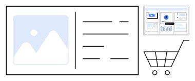 E- ticaret arabası ikonunun yanında analitik ve çizelgeli ürün kartı ve detaylar. Çevrimiçi alışveriş, e-ticaret, UIUX tasarımı, analitik, pazarlama, teknoloji, basit daire