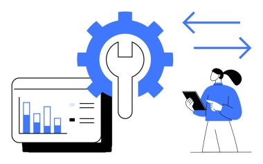 Ekranda grafikler, mavi dişli ve anahtar sembolü, tablet kullanan kişi, etkileşim için oklar. Teknoloji, analitik, takım çalışması, bilişim araçları, dijital sistem veri akışı için ideal basit