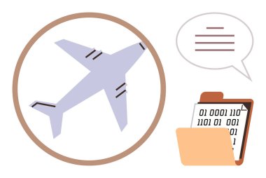 İçerideki uçak çemberin içinde, konuşma baloncuğu, ikili kodlu dosya klasörünü aç. Havacılık, iletişim, teknoloji, veri yönetimi, lojistik siber güvenlik ulaşımı için ideal. Basit.