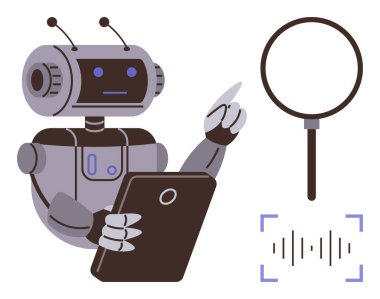 Elinde tablet tutan robot figür büyüteç ve ses dalgalarının yanında verileri de gösteriyor. Teknoloji, yapay zeka, otomasyon, araştırma, yenilik ve makine öğrenme kavramları için idealdir. Basit.