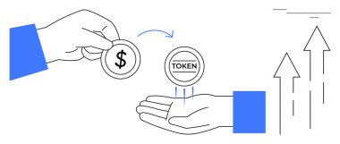 Madeni para karşılığı el değiştiren para, mavi röfle, gelişme gösteren oklar. Finans, kripto para, döviz, para, yatırım engelleme fintech için ideal. Basit düz