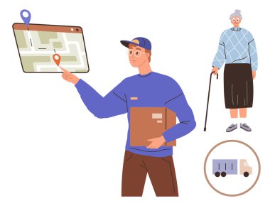 Dijital haritada paket izleme güzergahı olan bir teslimatçı. Yaşlı alıcı baston tutuyor. Küçük kamyon ikonu. Lojistik, kurye servisi, paket teslimatı, müşteri için ideal