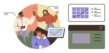 Profesyoneller başarıyı veri tabloları, grafikler ve bir dizüstü bilgisayarla kutluyorlar. Takım çalışması, işbirliği, analitik, hedef başarı, iş büyümesi, proje yönetimi için ideal basit düz metafor