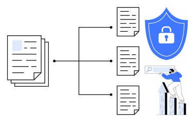 Birden fazla dosyaya ayrılan merkezileştirilmiş belgeler, kilitli kalkan ve arama erişimi olan kullanıcı. Veri güvenliği, bulut depolama, dijital iş akışı, siber güvenlik, işbirliği, gizlilik için ideal