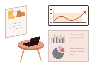 Yuvarlak bir masada dizüstü bilgisayar, analitik çizelgeler, bir pasta tablosu ve yapışkan notlarla dolu bir not panosu. İş stratejisi, proje planlaması, takım çalışması, büyüme, analiz verimlilik işbirliği için ideal