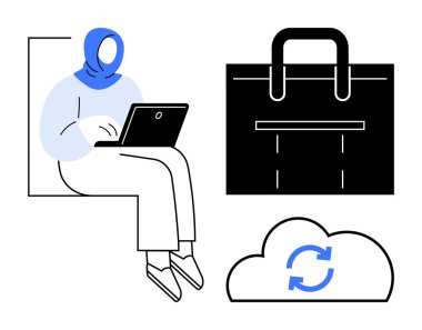 Dizüstü bilgisayar kullanan bir kadın, bulut senkronizasyonu sembolü ve çantasıyla modern iş, bulut depolama, uzaktan kumandalı işler öneriliyor. Teknoloji, üretkenlik, dijital dönüşüm, çevrimiçi iş hayatı için ideal