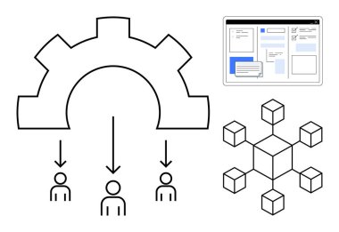 İnsanlara görev dağıtımı, iş akışı yönetimi arayüzü ve birbirine bağlı küpler. Takım çalışması için ideal, süreç verimliliği, organizasyon, delegasyon, yenilik, ağ sade daire