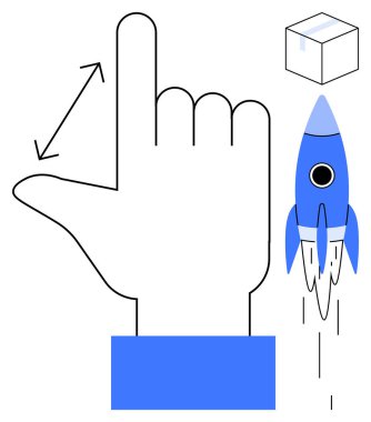 Elle yapılan jest boyutu gösteriyor. Yön okları, küp kutusu ve fırlatma roketi var. Ölçüm, yaratıcılık, yenilik, büyüme ve gelişim için ideal. Basit düz