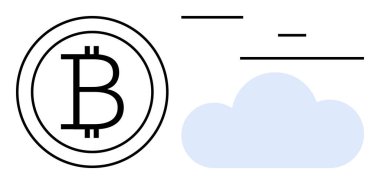 Dairesel hatlara sahip Bitcoin logosu bulut ve minimalist çizgilerle birlikte. Kripto para birimi, engelleme zinciri, fintech, bulut hesaplama, dijital para birimi, yenilik, basit iniş sayfası için ideal