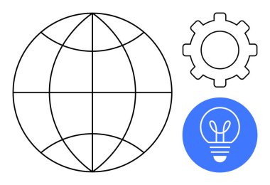 Kılavuz çizgileri olan bir dünya, sembolik sistemleri olan bir vites, ve fikirler için mavi daire ampulü. Teknoloji, yenilik, küresel iş, işbirliği, problem çözme, sistemler için ideal iniş sayfası
