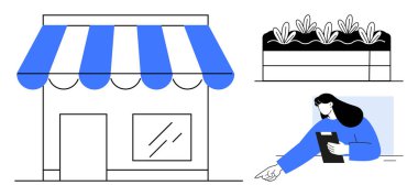 Çizgili tenteli, saksı bitkileri ve pano ile işleri yöneten bir kişi. Perakende, bahçıvanlık, yönetim, organizasyon, pazarlama için ideal, yerel işletme sade iniş sayfası