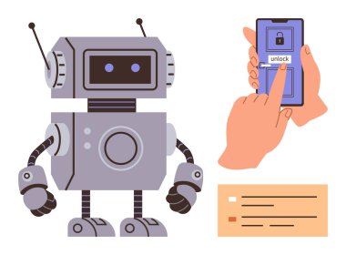 Retro-stil robot ellerinin yanında duruyor ve ekranı açan bir akıllı telefon kullanıyor. Teknoloji, yapay zeka, robot bilimi, yenilik, otomasyon, akıllı cihazlar, insan-robot etkileşimi için idealdir. Basit bir daire.